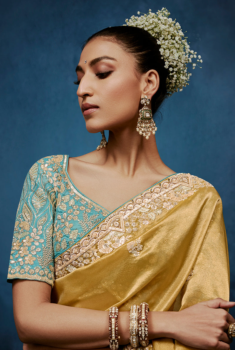 Monjolika Fashion Gold Fancy Fabric Embroidered Saree With Stitched Blouse - Dista
