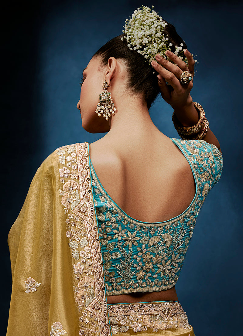 Monjolika Fashion Gold Fancy Fabric Embroidered Saree With Stitched Blouse - Dista