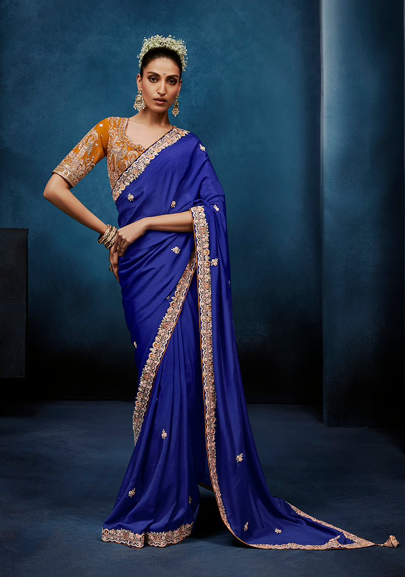 Monjolika Fashion Royal Blue Fancy Fabric Embroidered Saree With Stitched Blouse - Dista