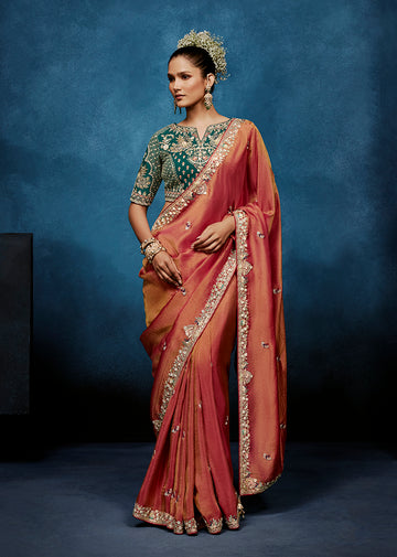 Monjolika Fashion Rust Fancy Fabric Embroidered Saree With Stitched Blouse - Dista
