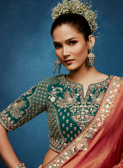 Monjolika Fashion Rust Fancy Fabric Embroidered Saree With Stitched Blouse - Dista