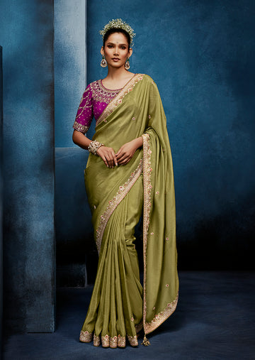 Monjolika Fashion Light Green Fancy Fabric Embroidered Saree With Stitched Blouse - Dista