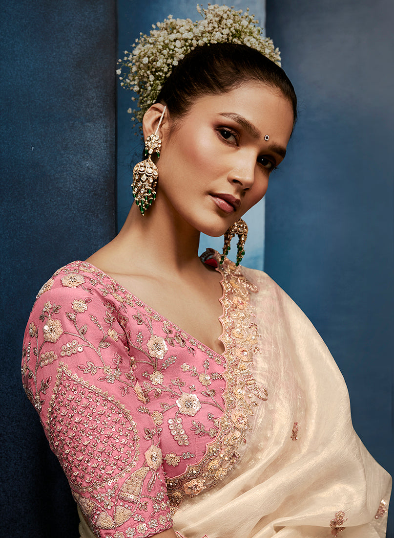 Monjolika Fashion Cream Fancy Fabric Embroidered Saree With Stitched Blouse - Dista
