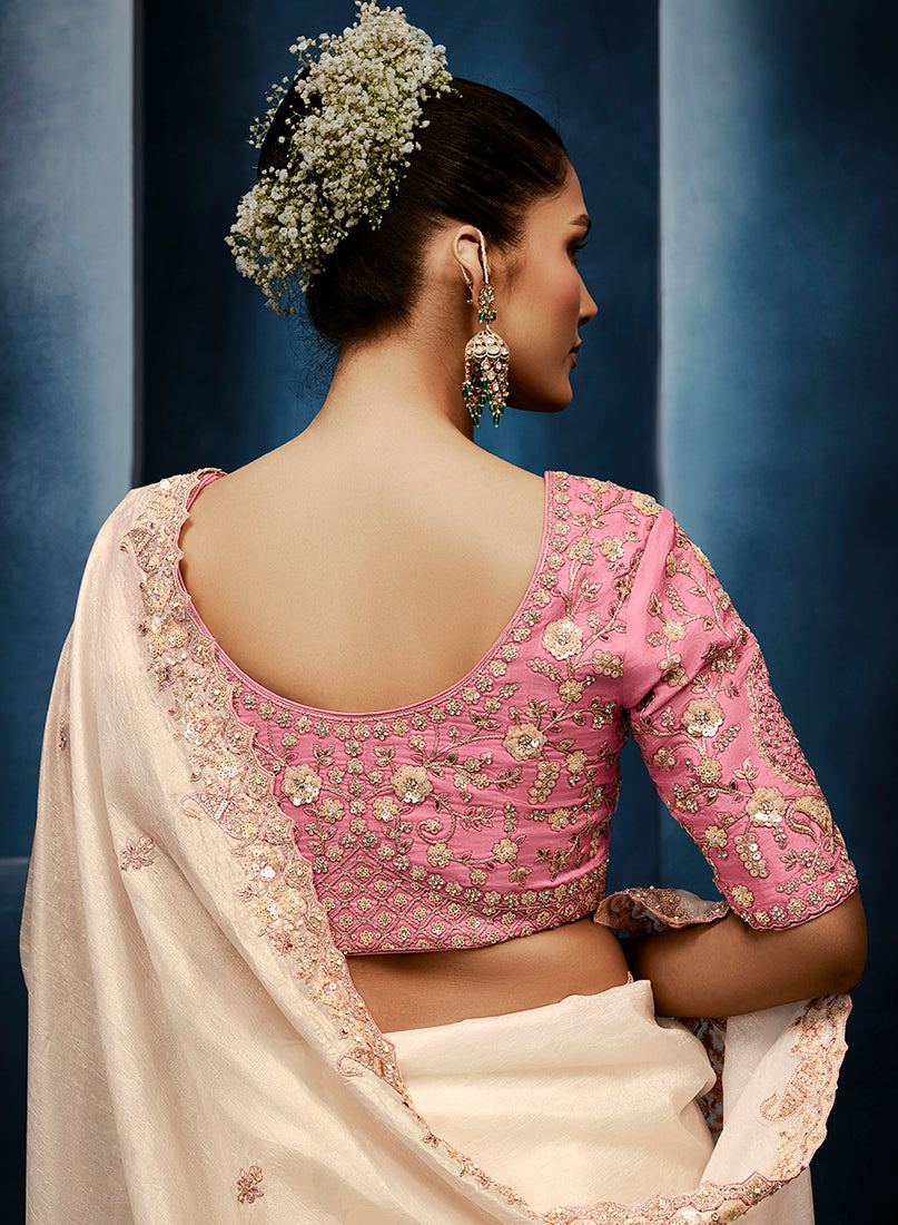 Monjolika Fashion Cream Fancy Fabric Embroidered Saree With Stitched Blouse - Dista