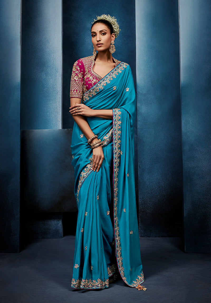 Monjolika Fashion Aqua Blue Fancy Fabric Embroidered Saree With Stitched Blouse - Dista