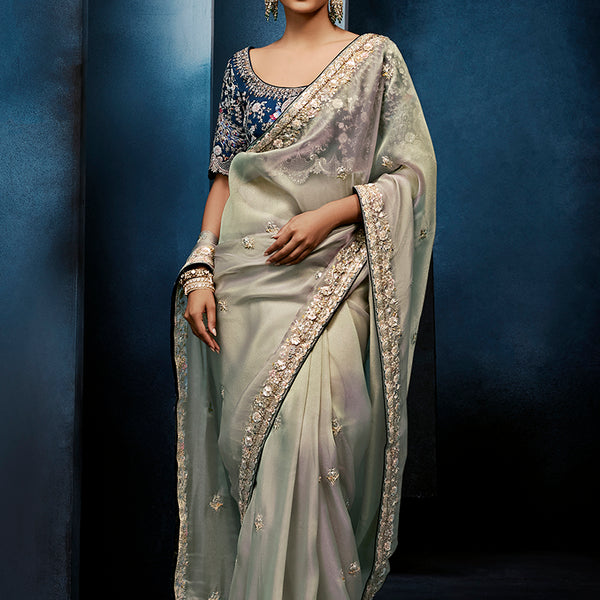 Monjolika Fashion Light Grey Fancy Fabric Embroidered Saree With Stitched Blouse - Dista