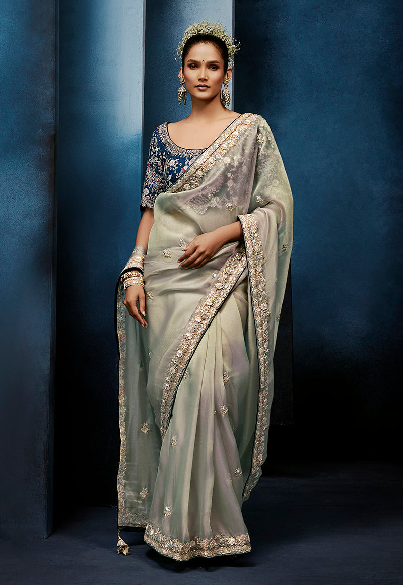 Monjolika Fashion Light Grey Fancy Fabric Embroidered Saree With Stitched Blouse - Dista
