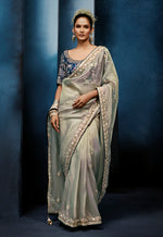 Thumbnail for Monjolika Fashion Light Grey Fancy Fabric Embroidered Saree With Stitched Blouse - Dista