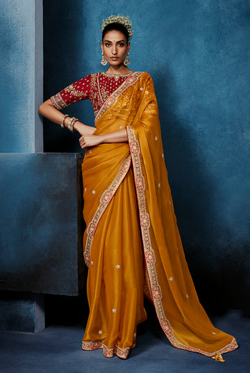 Monjolika Fashion Orange Fancy Fabric Embroidered Saree With Stitched Blouse - Dista