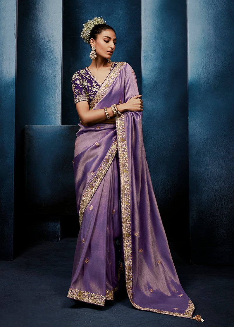 Monjolika Fashion Lavender Fancy Fabric Embroidered Saree With Stitched Blouse - Dista