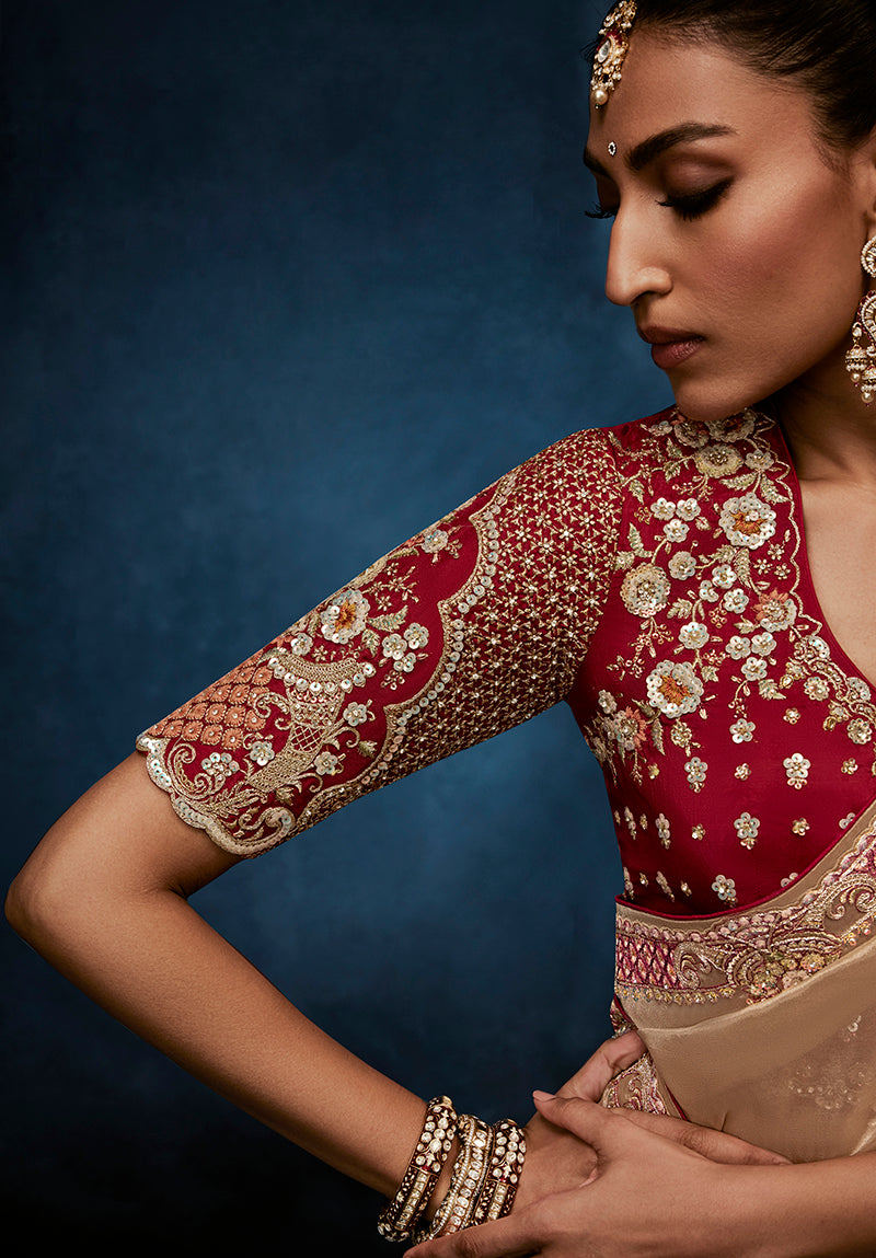 Monjolika Fashion Beige Fancy Fabric Embroidered Saree With Stitched Blouse - Dista