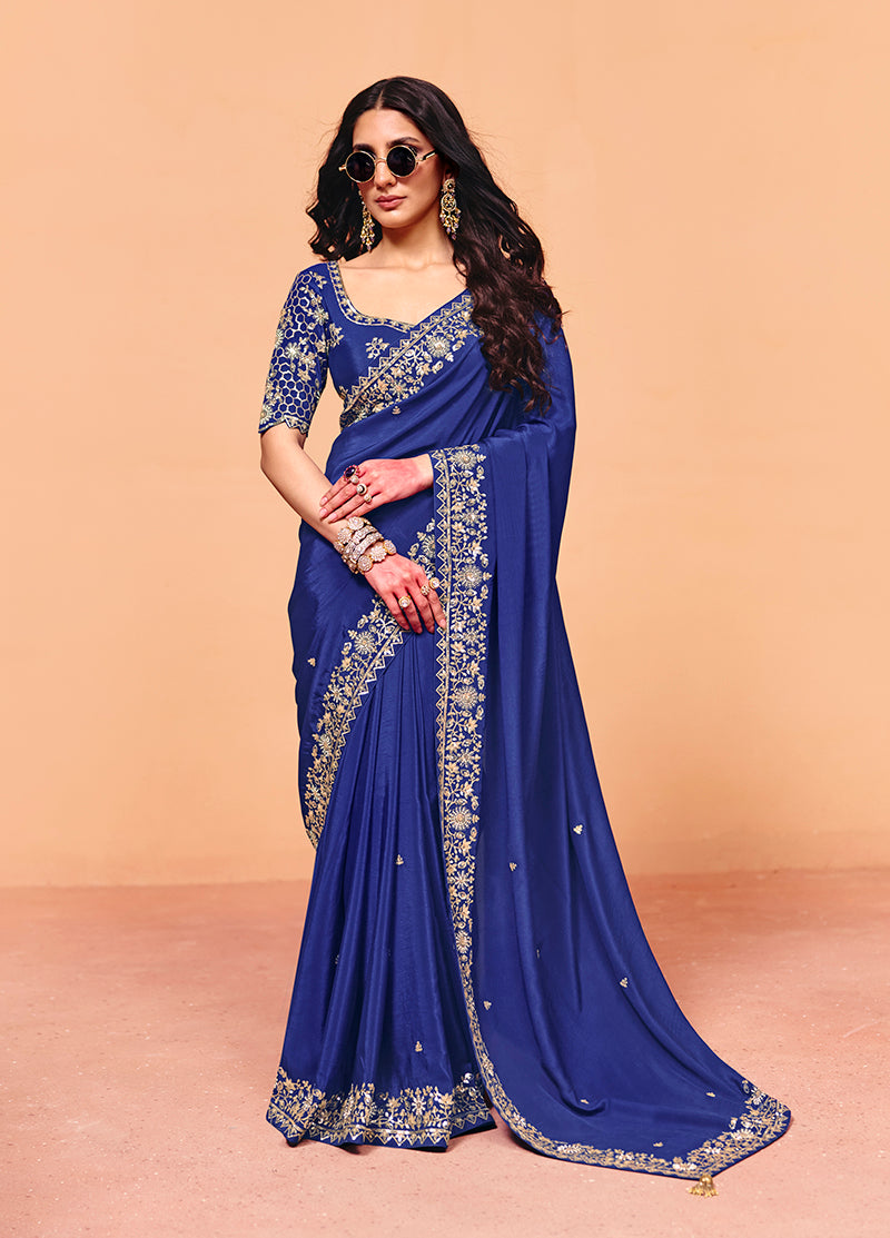 Monjolika Fashion Navy Blue Faux Organza Satin Saree With Embroidery - Dista