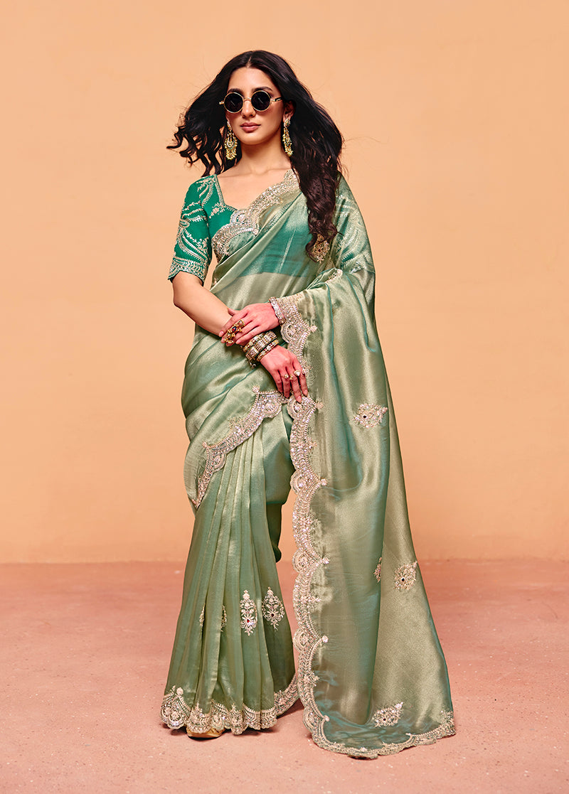 Monjolika Fashion Sea Green Faux Organza Satin Saree With Embroidery - Dista