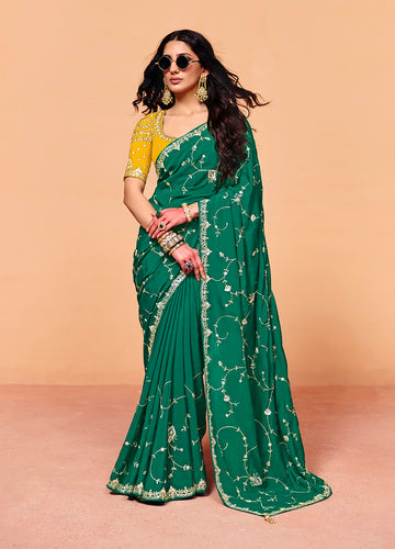 Monjolika Fashion Teal Green Faux Organza Satin Saree With Embroidery - Dista
