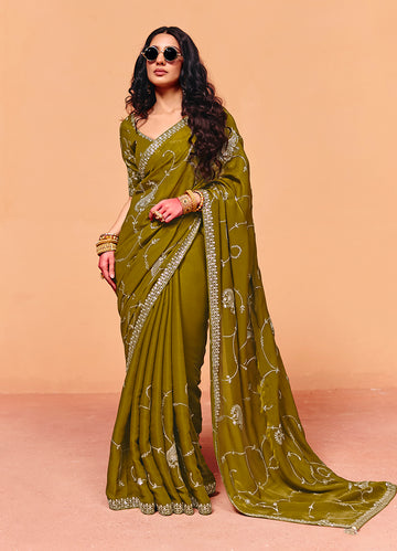 Monjolika Fashion Olive Green Faux Organza Satin Saree With Embroidery - Dista