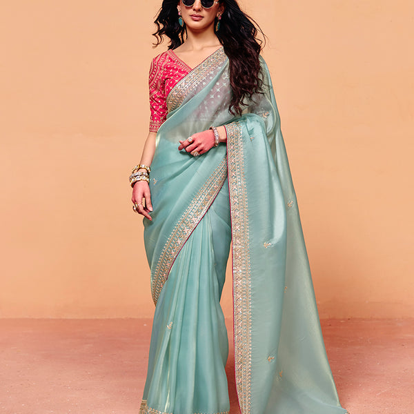 Monjolika Fashion Light Blue Faux Organza Satin Saree With Embroidery - Dista