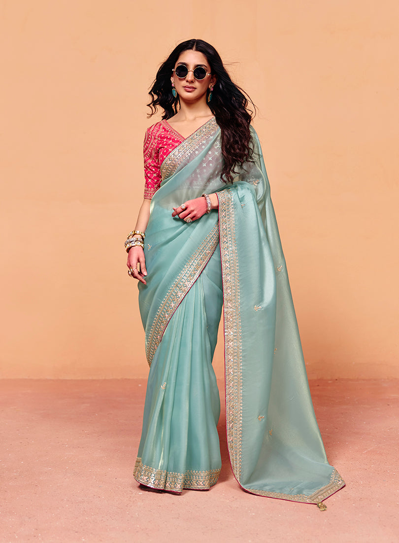 Monjolika Fashion Light Blue Faux Organza Satin Saree With Embroidery - Dista