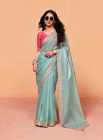 Thumbnail for Monjolika Fashion Light Blue Faux Organza Satin Saree With Embroidery - Dista