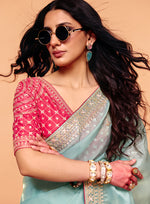 Thumbnail for Monjolika Fashion Light Blue Faux Organza Satin Saree With Embroidery - Dista