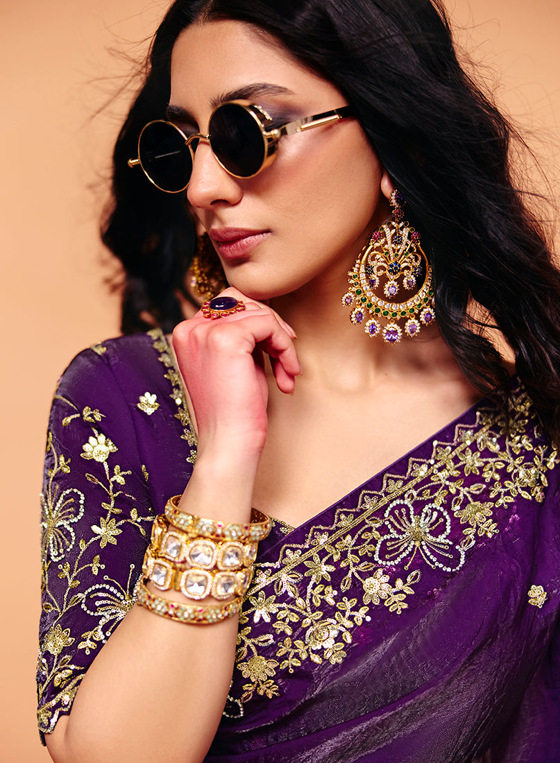 Monjolika Fashion Purple Faux Organza Satin Saree With Embroidery - Dista