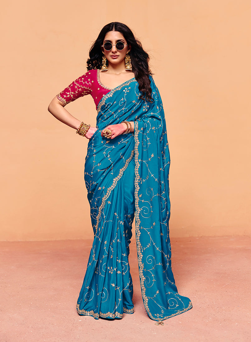 Monjolika Fashion Aqua Blue Faux Organza Satin Saree With Embroidery - Dista