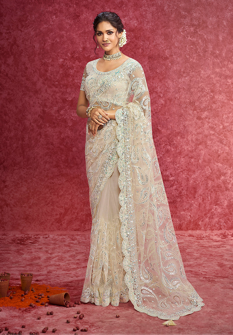 Monjolika Fashion Off White Net Embroidered Work Saree - Dista