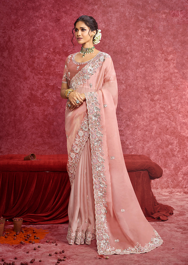 Monjolika Fashion Peach Satin Silk Embroidered Work Saree - Dista