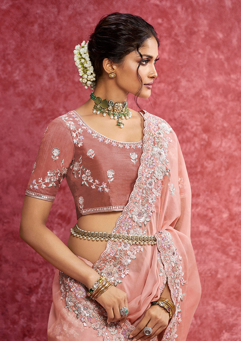 Monjolika Fashion Peach Satin Silk Embroidered Work Saree - Dista