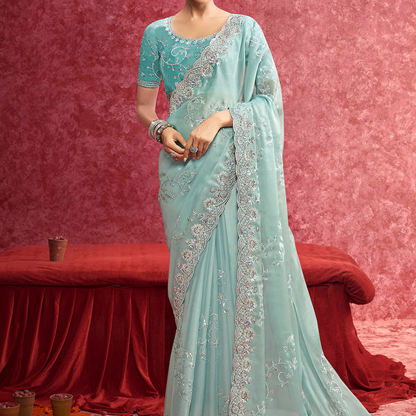 Monjolika Fashion Sky Blue Satin Silk Embroidered Work Saree - Dista