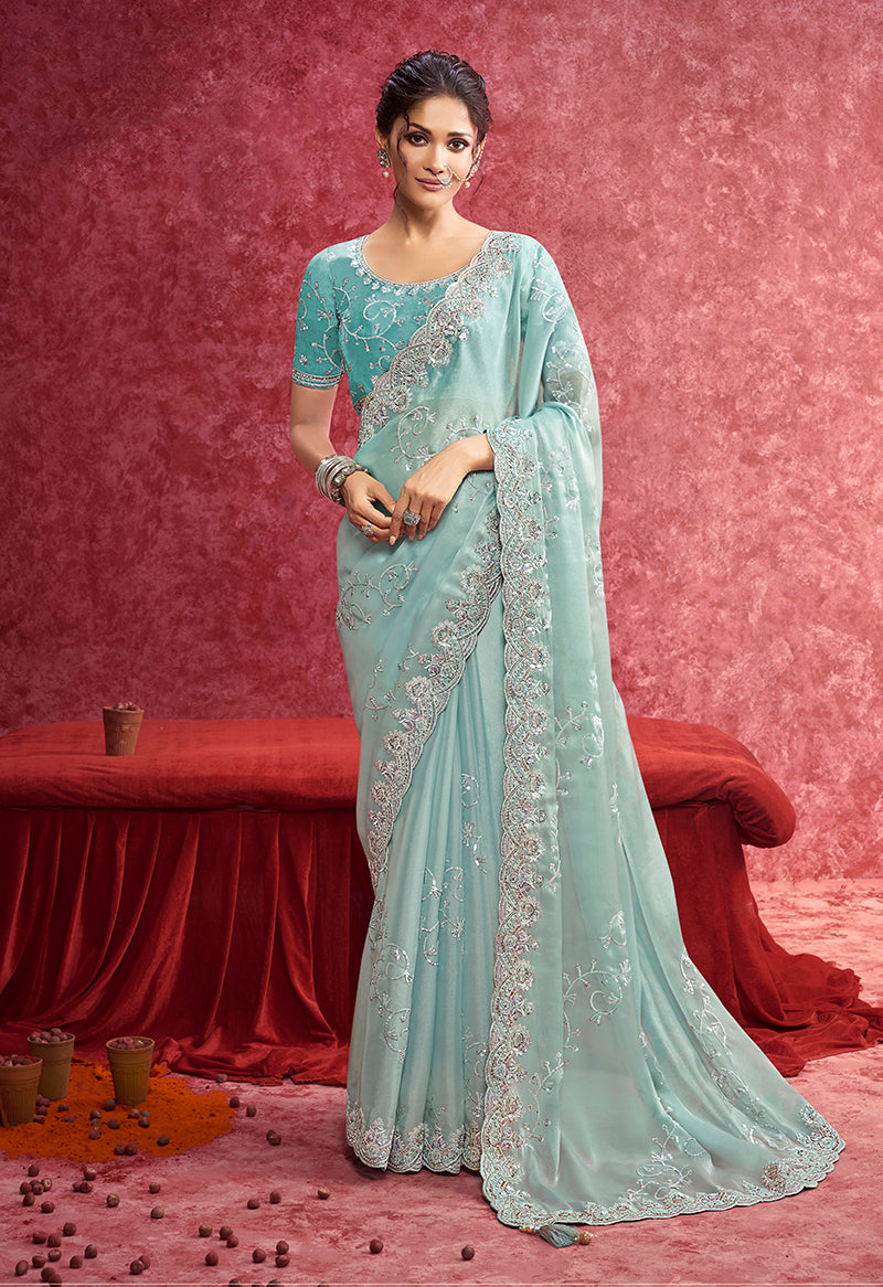 Monjolika Fashion Sky Blue Satin Silk Embroidered Work Saree - Dista