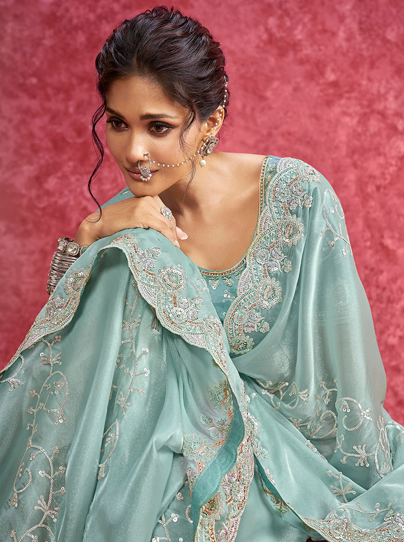 Monjolika Fashion Sky Blue Satin Silk Embroidered Work Saree - Dista