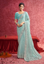 Thumbnail for Monjolika Fashion Sky Blue Satin Silk Embroidered Work Saree - Dista