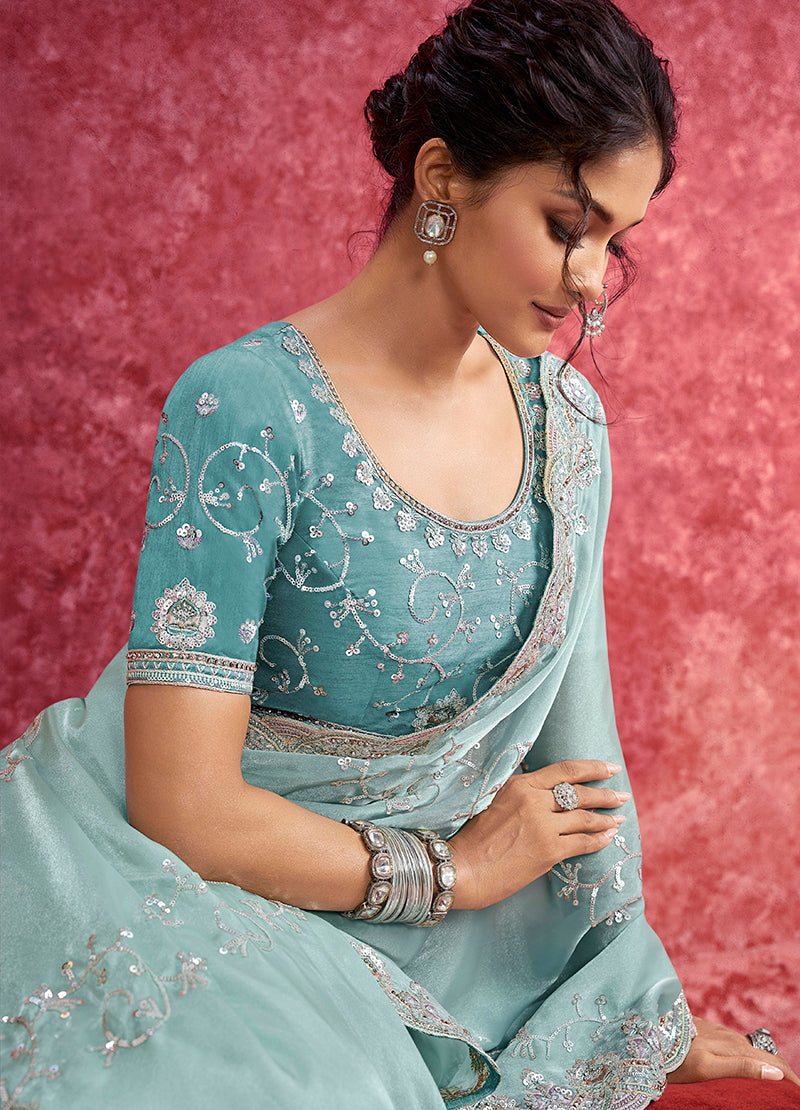 Monjolika Fashion Sky Blue Satin Silk Embroidered Work Saree - Dista