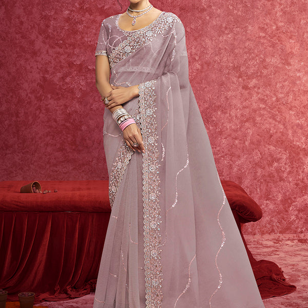 Monjolika Fashion Lavender Crush Silk Blend Embroidered Work Saree - Dista