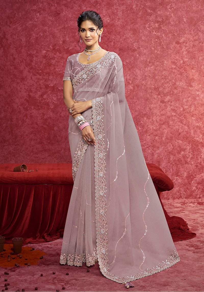 Monjolika Fashion Lavender Crush Silk Blend Embroidered Work Saree - Dista