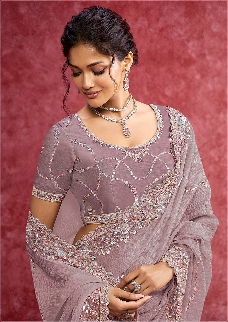 Monjolika Fashion Lavender Crush Silk Blend Embroidered Work Saree - Dista