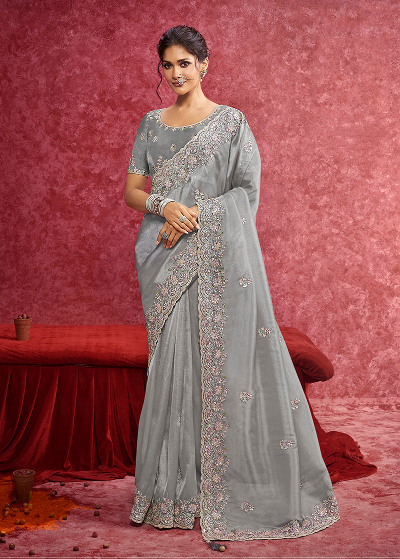 Monjolika Fashion Grey Silk Blend Embroidered Work Saree - Dista