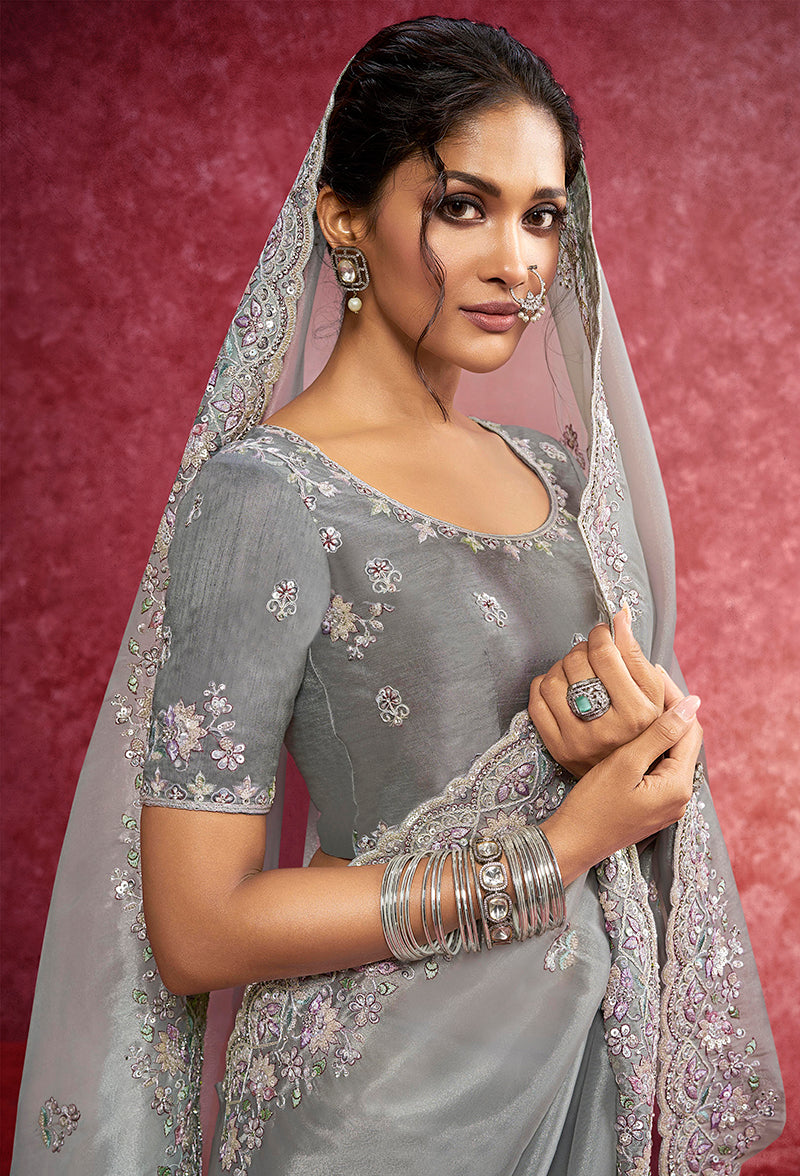 Monjolika Fashion Grey Silk Blend Embroidered Work Saree - Dista