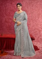 Thumbnail for Monjolika Fashion Grey Silk Blend Embroidered Work Saree - Dista