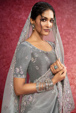 Thumbnail for Monjolika Fashion Grey Silk Blend Embroidered Work Saree - Dista