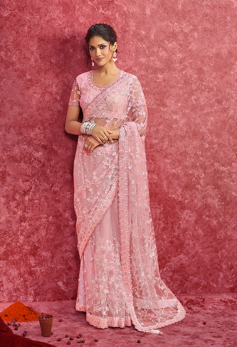 Monjolika Fashion Pink Net Embroidered Work Saree - Dista