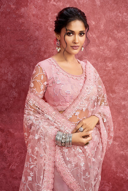 Monjolika Fashion Pink Net Embroidered Work Saree - Dista