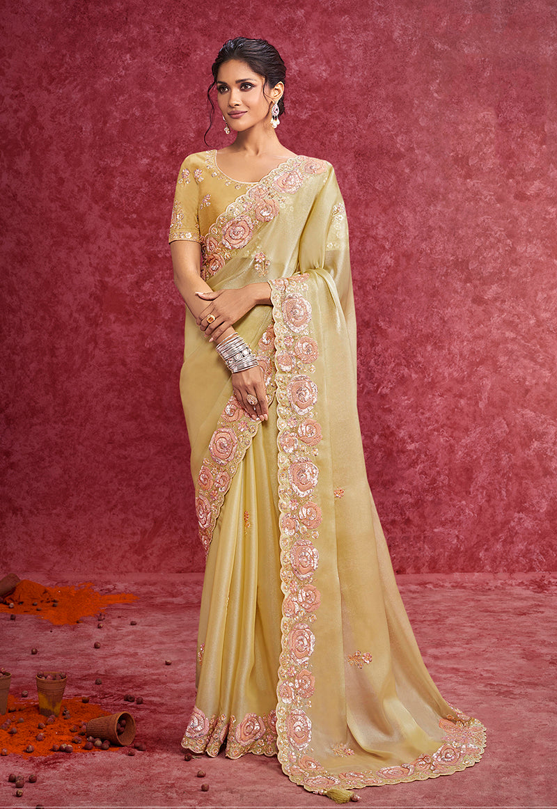 Monjolika Fashion Pastel Yellow Satin Silk Embroidered Work Saree - Dista