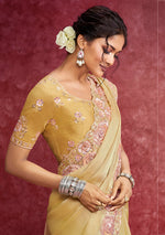 Thumbnail for Monjolika Fashion Pastel Yellow Satin Silk Embroidered Work Saree - Dista