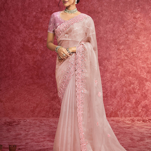 Monjolika Fashion Baby Pink Faux Tissue Embroidered Work Saree - Dista