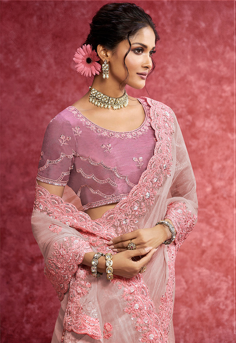 Monjolika Fashion Baby Pink Faux Tissue Embroidered Work Saree - Dista