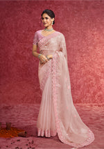 Thumbnail for Monjolika Fashion Baby Pink Faux Tissue Embroidered Work Saree - Dista