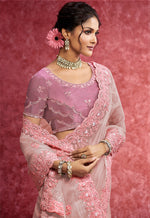 Thumbnail for Monjolika Fashion Baby Pink Faux Tissue Embroidered Work Saree - Dista