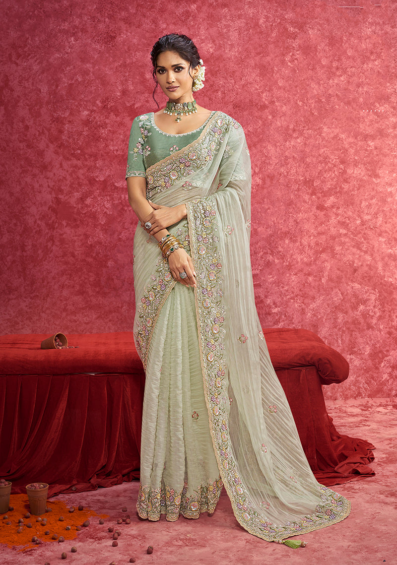 Monjolika Fashion Pista Green Faux Tissue Embroidered Work Saree - Dista