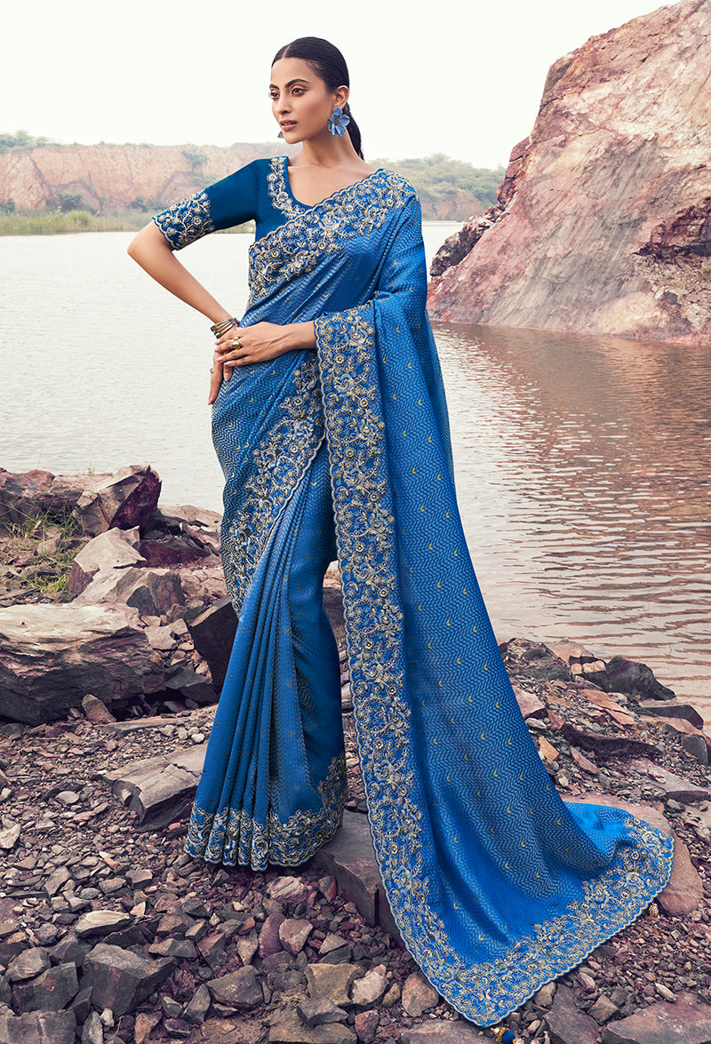 Monjolika Fashion Royal Blue Embroidered Woven Satin Silk Saree - Dista